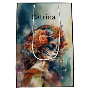 Custom Watercolor Día de los Muertos Catrina Medium Gift Bag
