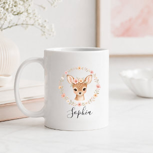 Custom Watercolor Floral Woodland Fawn Name Coffee Mug