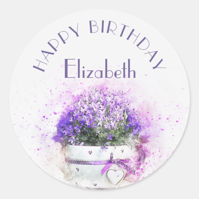 Custom Watercolor Flowers Hearts Birthday Classic Round Sticker (Front)