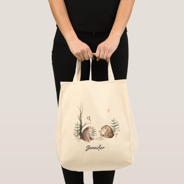 Custom Watercolor Forest Animal Canvas Tote Bag (Front (Product))