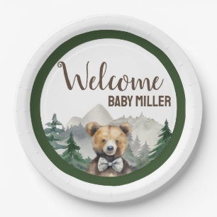 Custom Watercolor Forest, Teddy Bear, Baby Shower Paper Plate