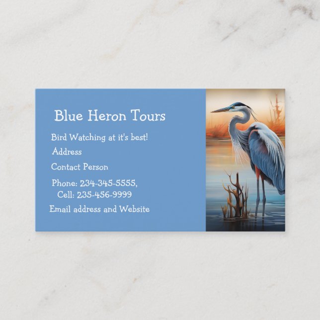 Custom Watercolor Great Blue Heron Bird Business Card (Front)