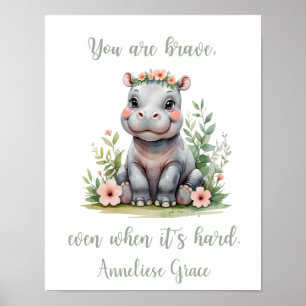 Custom Watercolor Hippo Girl Safari Nursery Poster