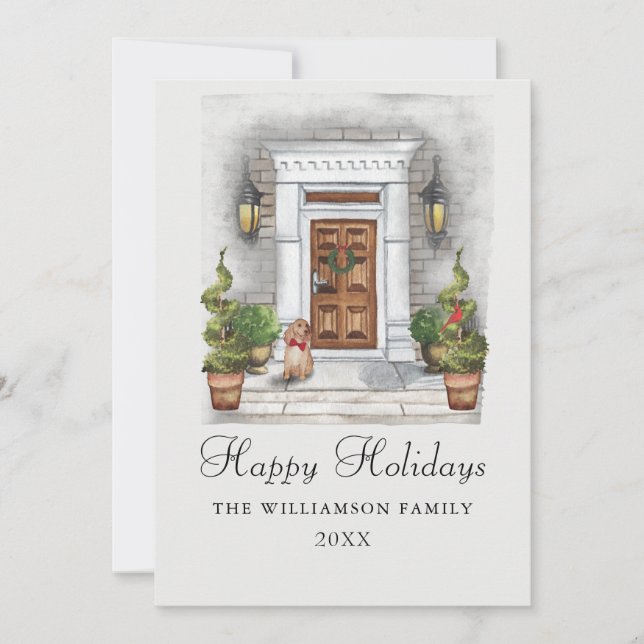 Custom Watercolor House and Dog Happy  Holiday Card (Front)