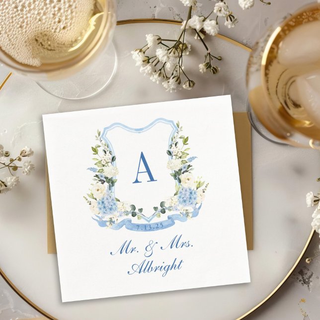 Custom Watercolor Hydrangea Floral Crest Wedding Napkin (Creator Uploaded)