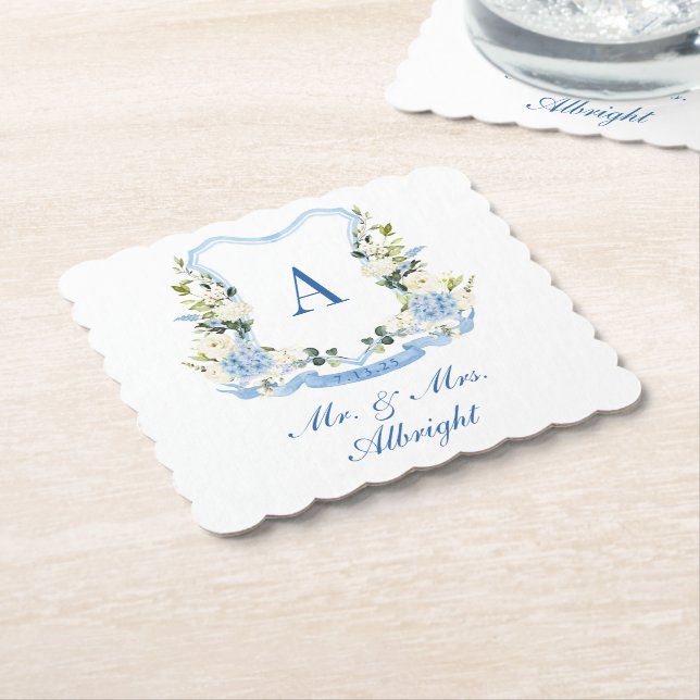 Custom Watercolor Hydrangea Floral Crest Wedding Paper Coaster (Angled)