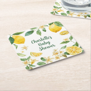 Custom Watercolor Lemon Blossom Baby Shower Square Paper Coaster