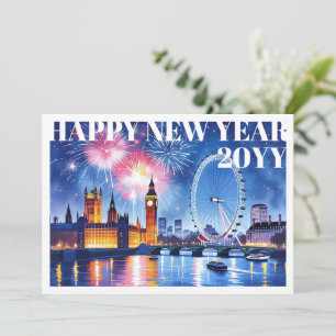 Custom Watercolor London Fireworks Happy New Year Holiday Card