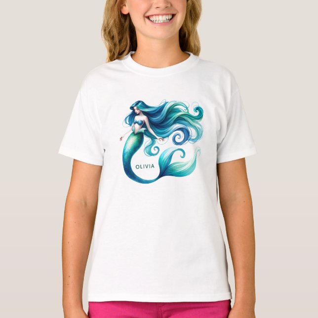 Custom Watercolor Mermaid Personalised Girl T-Shirt (Front)