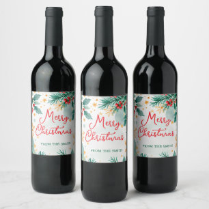 Custom Watercolor Merry Christmas Elegant Leaves Wine Label