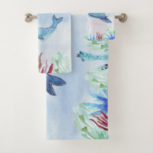 Custom Watercolor Ocean Animal Bath Towel Set
