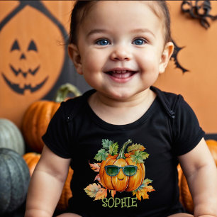 Custom Watercolor Orange Pumpkin Halloween Candy Baby Bodysuit