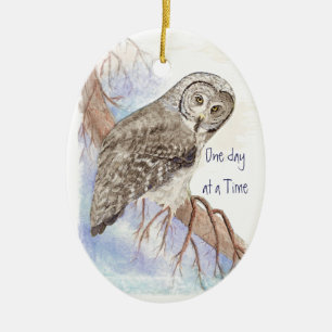 Custom Watercolor Owl Dated One day at a Time Ceramic Tree Decoration