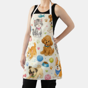 Custom Watercolor Playful Pets Cartoon Pattern  Apron