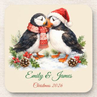 Custom Watercolor Puffin Couple Christmas Set of 6 Coaster