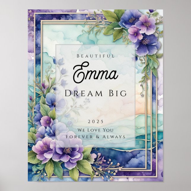 Custom Watercolor Purple Floral Frame Poster (Front)