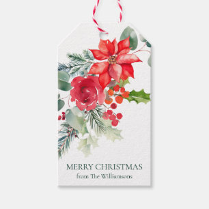 Custom Watercolor Red Floral Poinsettia Christmas Gift Tags