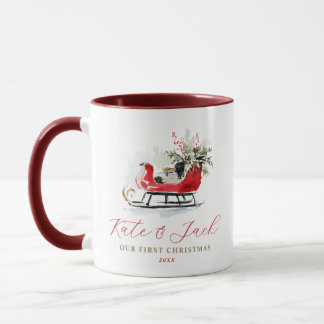 Custom Watercolor Red Sleigh Our First Christmas Mug