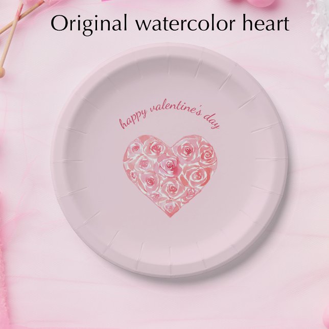Custom Watercolor Rose Heart Valentine's Day Paper Plate (Original watercolor heart filled with roses. Blush pink custom Valentines Day plates.
)