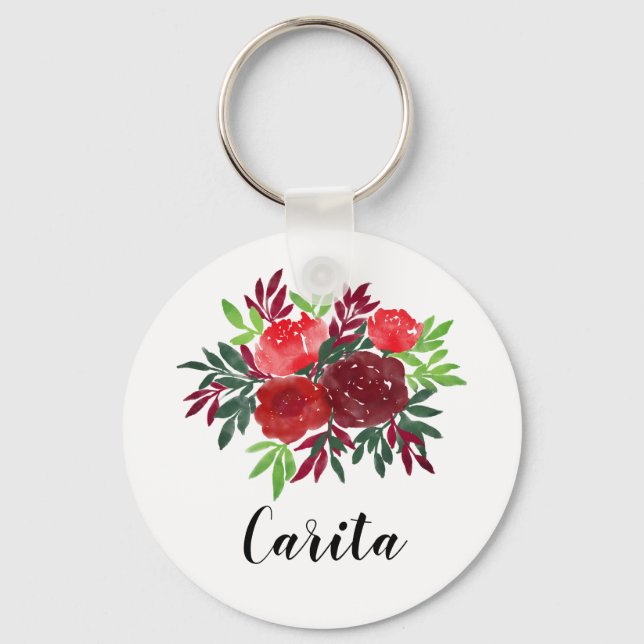 Custom Watercolor Roses Button Keychain (Front)