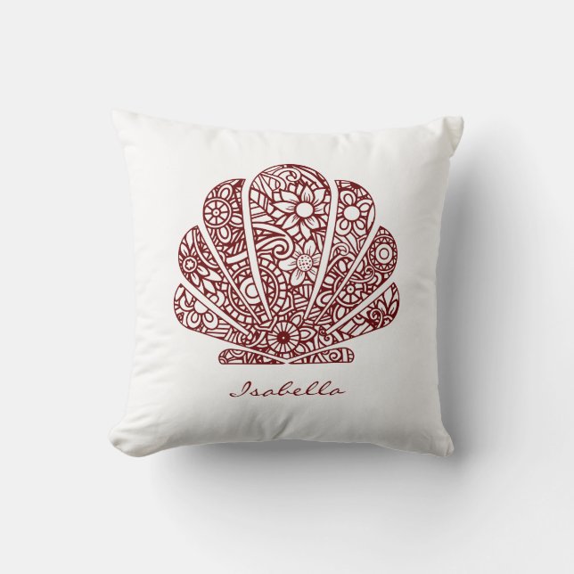 Custom Watercolor Seashell Mandala Red White Cushion (Front)
