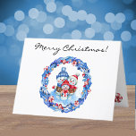 Custom, Watercolor Snowman Family Merry Christmas Holiday Card<br><div class="desc">A fun, whimsical Merry Christmas winter card featuring a bundled-up snowman family in snow framed inside a candy and stars blue wreath. Easily change the stylish script text on front, inside and back to make it yours using the Template provided. White envelope is included or mark "none" for reduced price....</div>