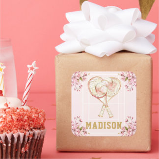 Custom Watercolor Tennis Girl Birthday Square Sticker