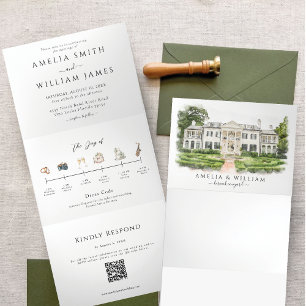 Custom Watercolor Venue Wedding Tri-Fold Invitation
