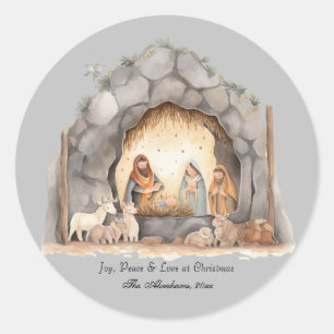 Custom Watercolor Vintage Christmas Nativity Scene Classic Round Sticker
