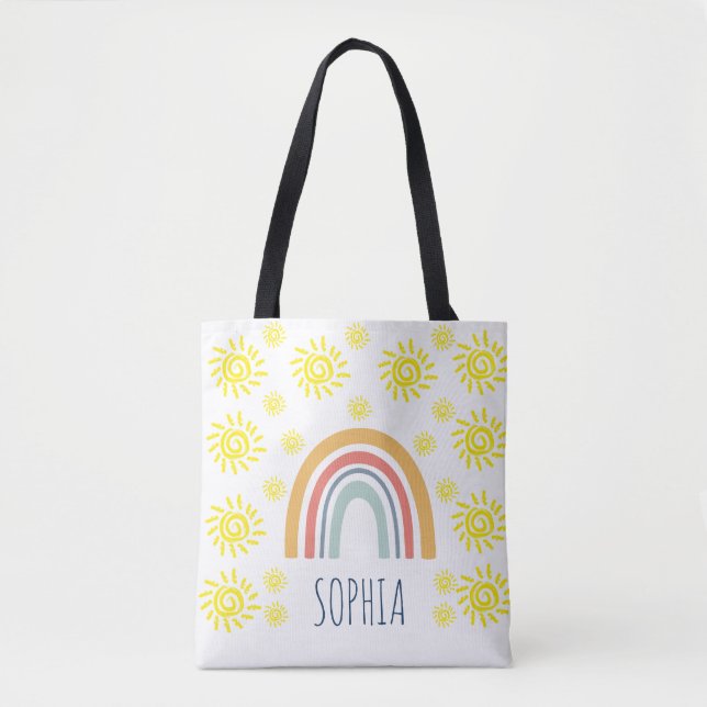 Custom Watercolor Whimsical Boho Rainbow and Sun  Tote Bag (Front)