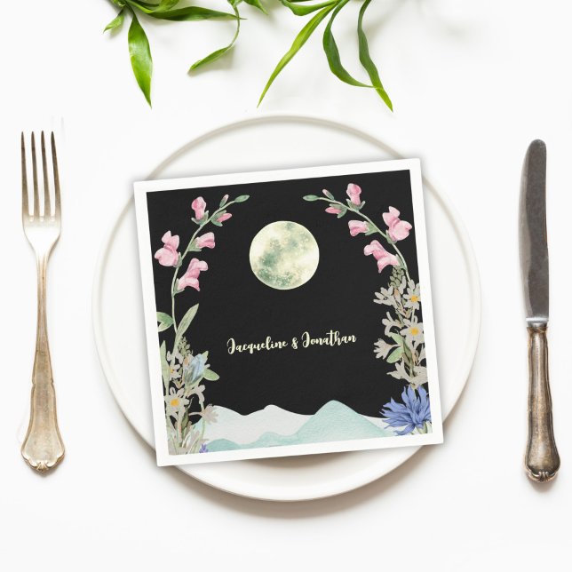 Custom Watercolor Wildflower Moon Mountain Wedding Napkin (Creator Uploaded)