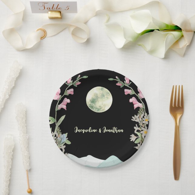 Custom Watercolor Wildflower Moon Mountain Wedding Paper Plate (Wedding)