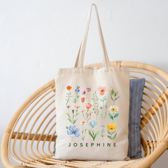 Custom Watercolor Wildflower Tote Bag for Bride (Teacher appreciation gifts, Student back-to-school gifts, Mothers Day gifts for mom, Birthday gift)