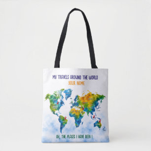 Custom Watercolor World Map Shoulder Tote Bag