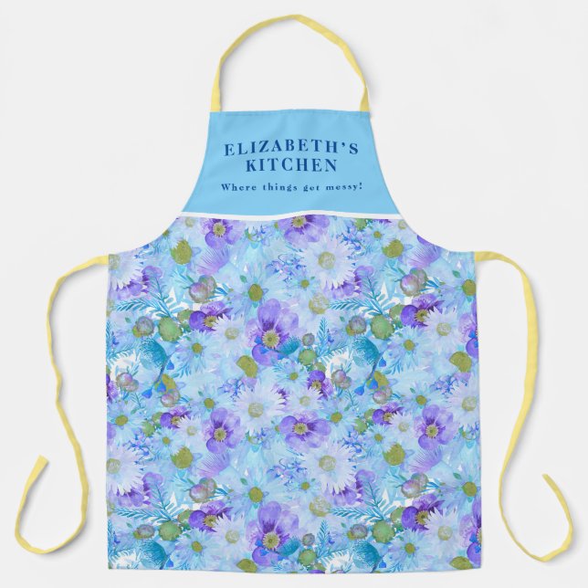Custom Watercolour Bush Wildflower Romantic Blue Apron (Front)