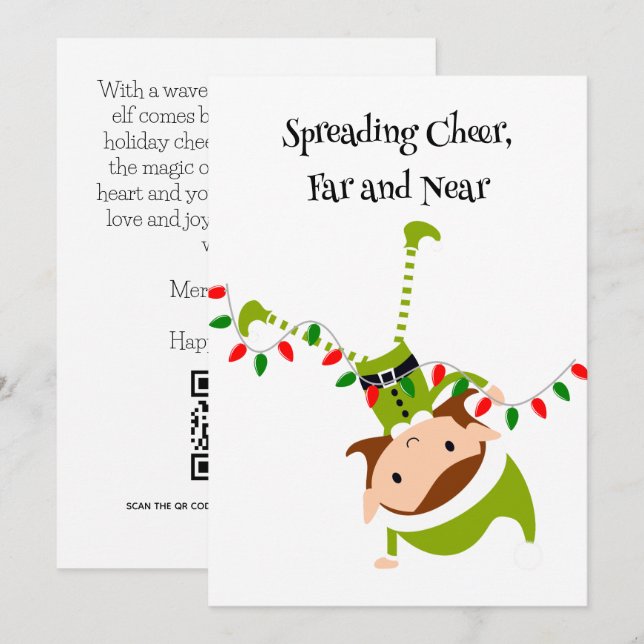Custom Waving Elf QR Code Holiday Greeting Card (Front/Back)