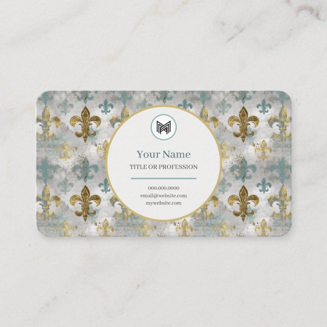 CUSTOM Weathered Fleur de Lis | Aqua Blue & Gold Business Card (Front)