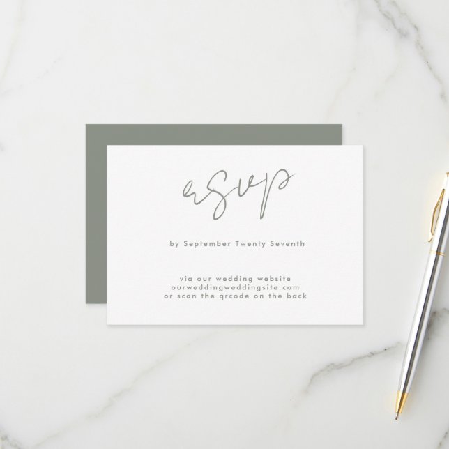 custom Website QR CODE BACK sage green white RSVP Card (Front/Back In Situ)