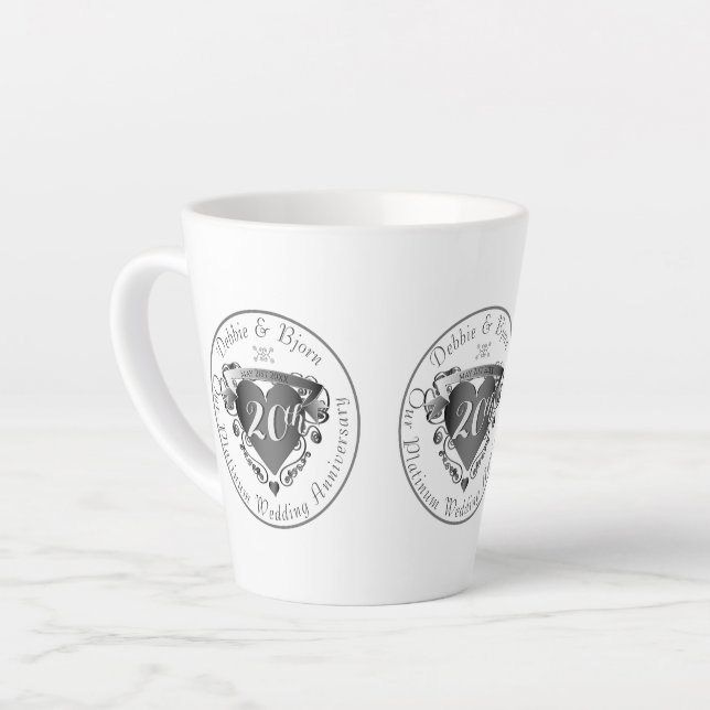 Custom Wedding Anniversary 3 Silver Colour Heart  Latte Mug (Left Angle)