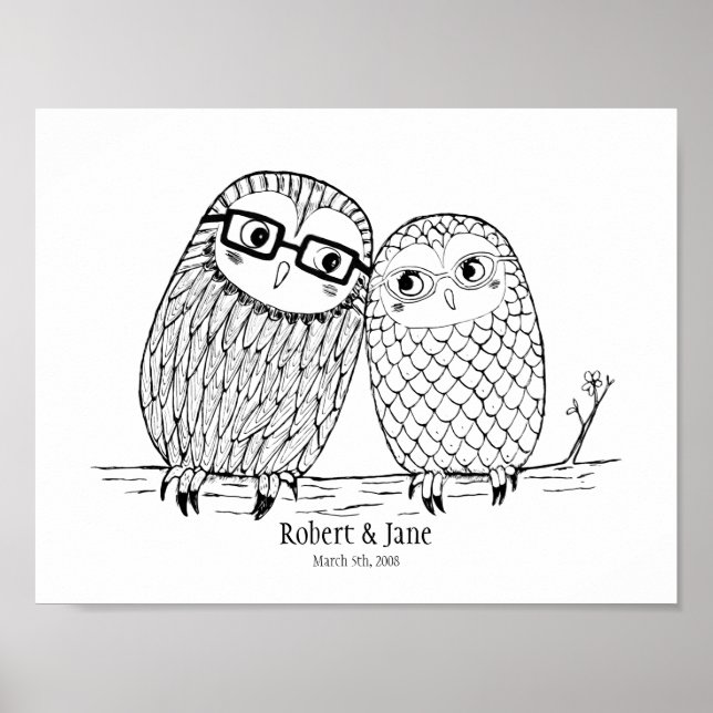 Custom Wedding Anniversary Gift Owl Couple Poster (Front)