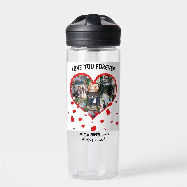 Custom Wedding Anniversary Heart Photo Collage Water Bottle (Front)