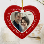 Custom Wedding Anniversary Photo Ceramic Tree Decoration<br><div class="desc">This romantic red and white ornament lets you add your own photo to the heart-shape cutout. Create a special keepsake for your loved one. The red heart frame has white script text that says 'Our Wedding Anniversary' across the top, and 'A year of love', 'A year of joy' along each...</div>
