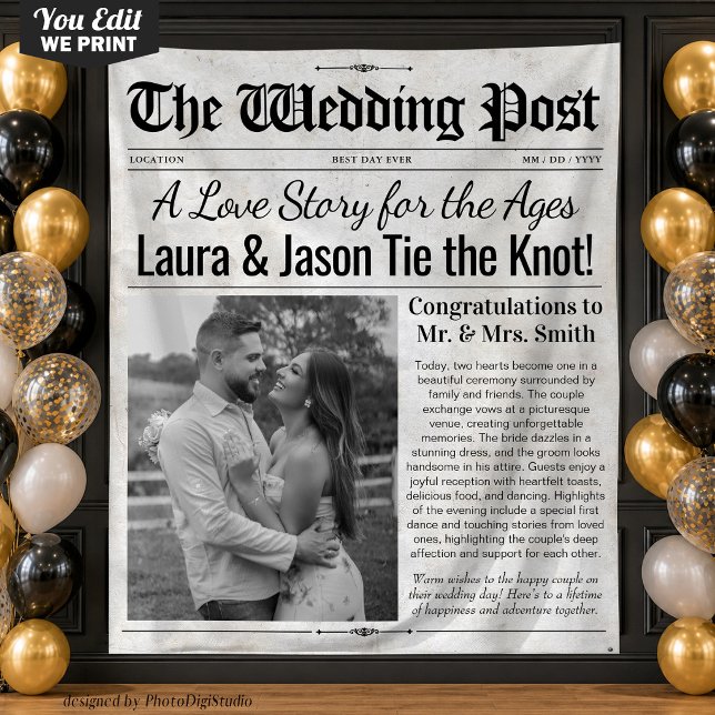 Custom Wedding Backdrop Photo Newspaper Tapestry (Personalized Wedding Newspaper Backdrop with Photo)