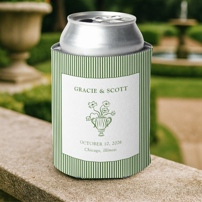 Custom Wedding Classic Green Floral Stripe  Can Cooler (Creator Uploaded)