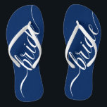 Custom Wedding Colours Bride Flip Flops Navy Blue<br><div class="desc">Elegant white "bride" with editable colour background. This template shows navy blue. Click "Customise It" and use the swatches on the right to change the background colour. The eyedropper tool gives you even more swatches, and "advanced" link opens the entire spectrum. You can also copy and paste a hex value...</div>