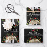 Custom Wedding Couple Christmas Photo Chic Black Wrapping Paper Sheet<br><div class="desc">These beautiful black holiday wrapping paper sheets feature a pretty circle wreath of leaves and flowers in red and green for a festive look. This personalised Christmas gift wrap features your own custom text in chic typography. Customise with a romantic photo and your custom text in white.</div>