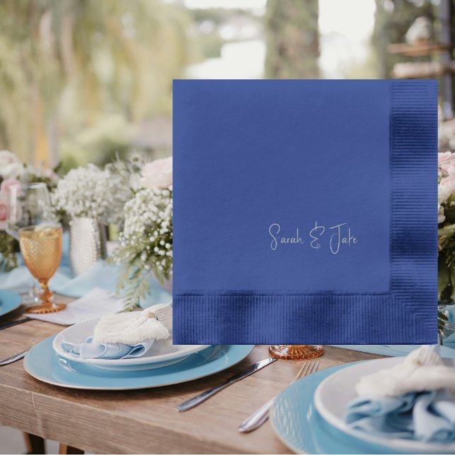 Custom Wedding Couple Script Name Navy Silver Foil Napkins (Creator Uploaded)
