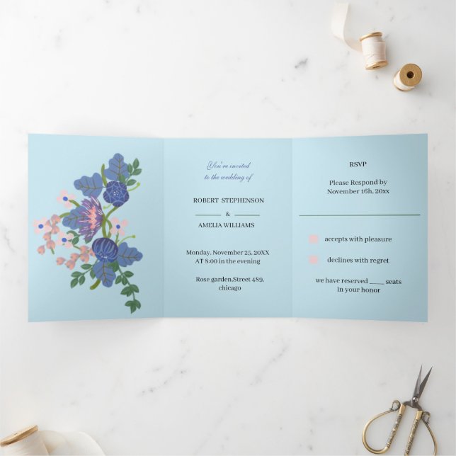 Custom Wedding Elegant Purple Flower Tri-Fold Invitation (Inside)