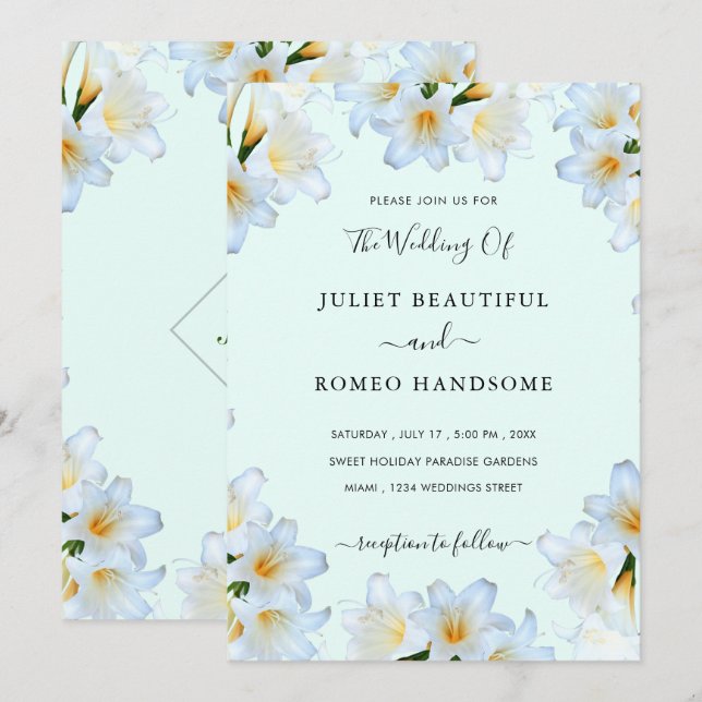 Custom Wedding Invitations Example White Lilies (Front/Back)