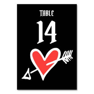 Custom Wedding Love Heart Black & Red Table Number